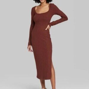 Wild Fable Brown Ribbed Long Sleeve  Maxi Dress Size L